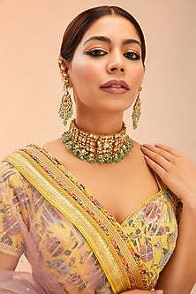 Gold Finish Kundan Polki & Deep Green Onyx Choker Necklace Set