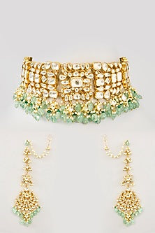 Gold Finish Kundan Polki & Deep Green Onyx Choker Necklace Set