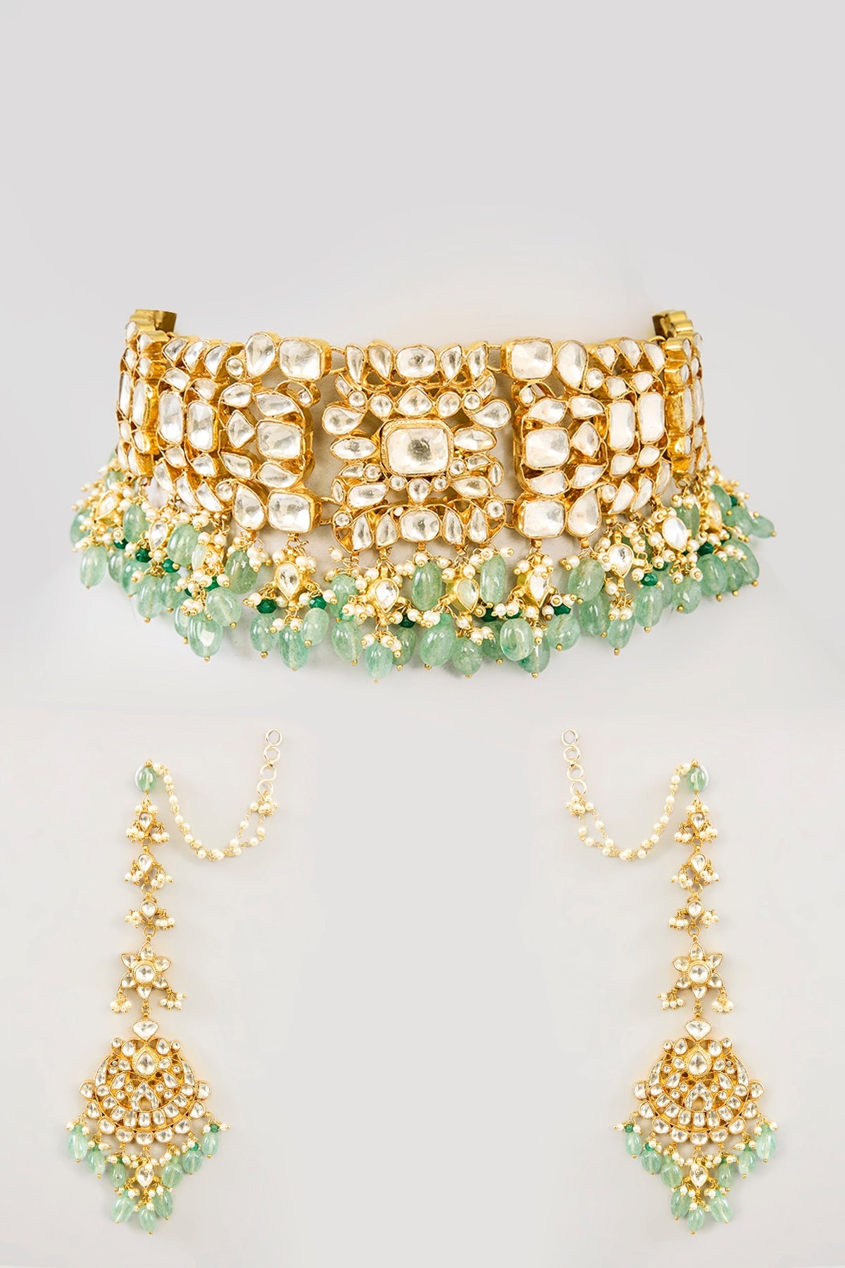 Gold Finish Kundan Polki & Deep Green Onyx Choker Necklace Set