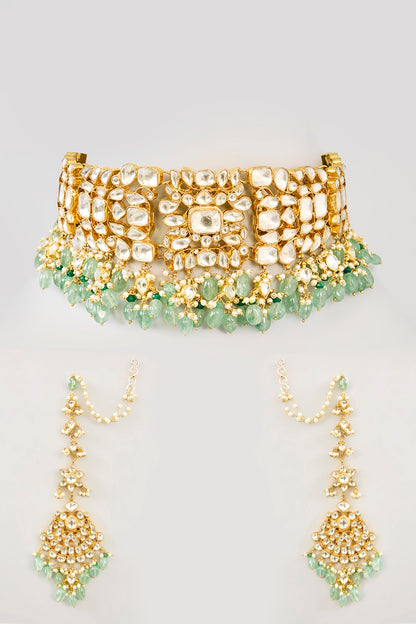 Gold Finish Kundan Polki & Deep Green Onyx Choker Necklace Set
