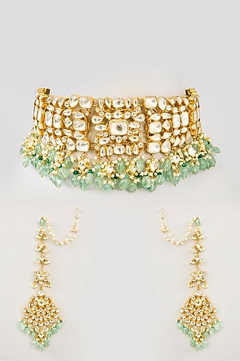 Gold Finish Kundan Polki & Deep Green Onyx Choker Necklace Set