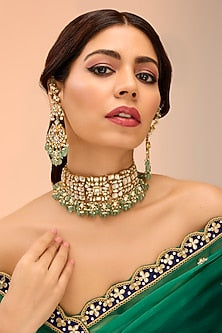 Gold Finish Kundan Polki & Deep Green Onyx Choker Necklace Set