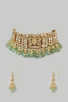 Gold Finish Kundan Polki & Deep Green Onyx Choker Necklace Set
