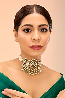 Gold Finish Kundan Polki & Green Onyx Choker Necklace