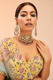 Gold Finish Kundan Polki & Pink Drop Choker Necklace Set