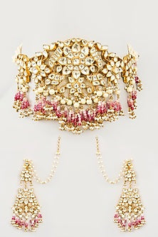 Gold Finish Kundan Polki & Pink Drop Choker Necklace Set