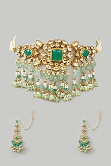 Gold Finish Kundan Polki & Green Onyx Choker Necklace Set