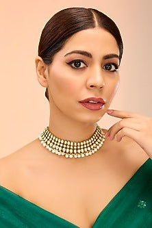 Gold Finish White Kundan Polki & Pearl Necklace