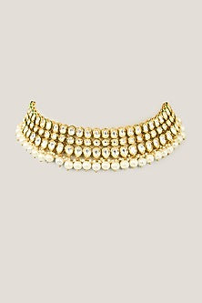 Gold Finish White Kundan Polki & Pearl Necklace