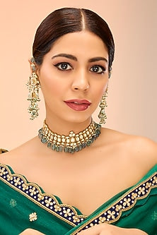 Gold Finish Kundan Polki & Green Onyx Drop Choker Necklace Set