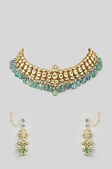 Gold Finish Kundan Polki & Green Onyx Drop Choker Necklace Set