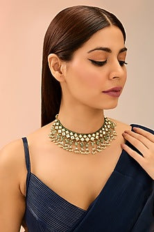Gold Finish Kundan Polki & Green Onyx Drop Necklace