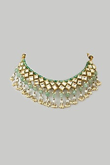 Gold Finish Kundan Polki & Green Onyx Drop Necklace