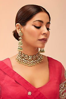 Gold Finish Kundan Polki & Green Onyx Drop Choker Necklace Set