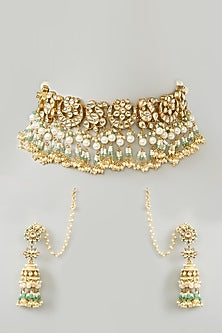 Gold Finish Kundan Polki & Green Onyx Drop Choker Necklace Set