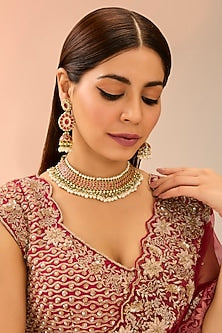 Gold Finish Kundan Polki & Pearl Necklace Set