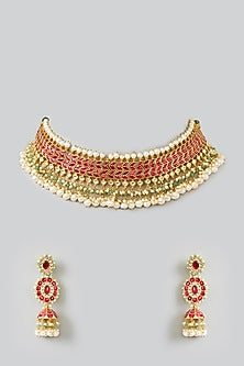 Gold Finish Kundan Polki & Pearl Necklace Set