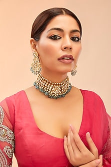 Gold Finish Mint Kundan Polki & Fluorite Drop Choker Necklace Set