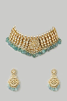 Gold Finish Mint Kundan Polki & Fluorite Drop Choker Necklace Set