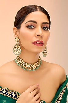 Gold Finish Mint Kundan Polki & Fluorite Drop Choker Necklace Set