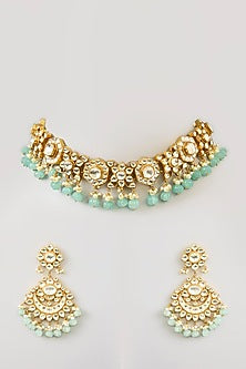 Gold Finish Mint Kundan Polki & Fluorite Drop Choker Necklace Set