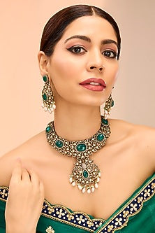 Gold Finish Green Kundan Polki & Pearl Drop Necklace Set