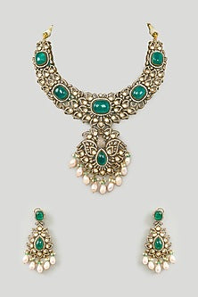 Gold Finish Green Kundan Polki & Pearl Drop Necklace Set