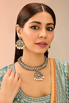 Antique Gold Finish Mint Kundan Polki & Pearl Drop Necklace Set