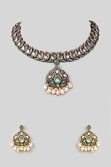 Antique Gold Finish Mint Kundan Polki & Pearl Drop Necklace Set