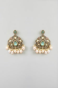 Antique Gold Finish Mint Kundan Polki & Pearl Drop Necklace Set