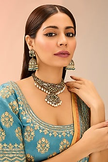 Antique Gold Finish Green Kundan Polki & Pearl Drop Necklace Set