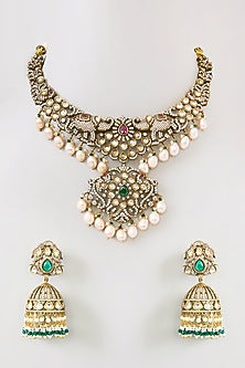 Antique Gold Finish Green Kundan Polki & Pearl Drop Necklace Set