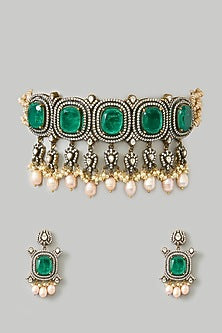 Antique Gold Finish Green Kundan Polki & Pearl Drop Choker Necklace Set