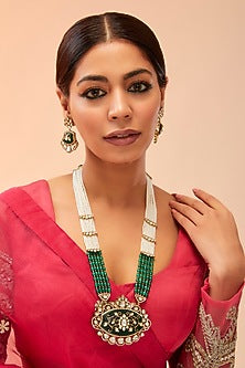 Gold Finish Green Kundan Polki Long Pendant Necklace Set