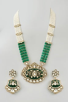 Gold Finish Green Kundan Polki Long Pendant Necklace Set