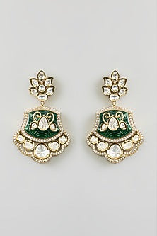 Gold Finish Green Kundan Polki Long Pendant Necklace Set