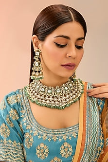 Gold Finish Kundan Polki & Green Onyx Drop Necklace Set