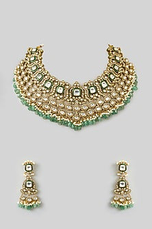 Gold Finish Kundan Polki & Green Onyx Drop Necklace Set