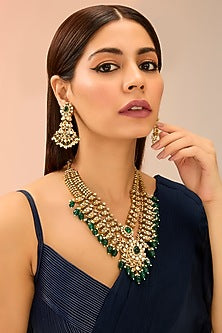 Gold Finish Kundan Polki & Green Onyx Drop Long Necklace