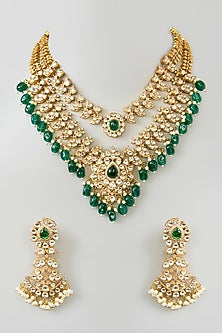 Gold Finish Kundan Polki & Green Onyx Drop Long Necklace