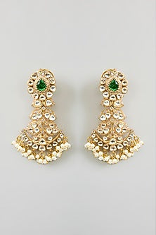 Gold Finish Kundan Polki & Green Onyx Drop Long Necklace