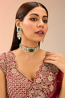 Gold Finish Green Kundan Polki Choker Necklace Set