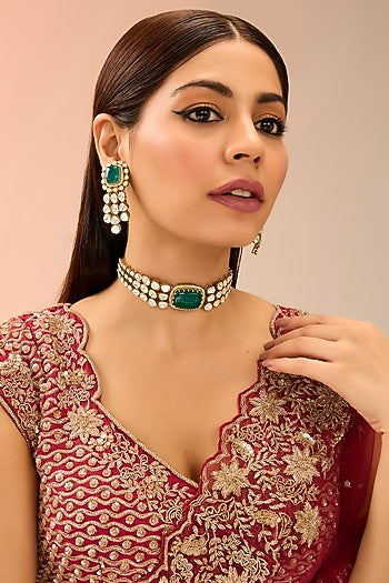 Gold Finish Green Kundan Polki Choker Necklace Set