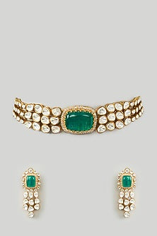 Gold Finish Green Kundan Polki Choker Necklace Set