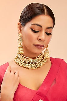 Gold Finish White Kundan Polki & Pearl Choker Necklace Set