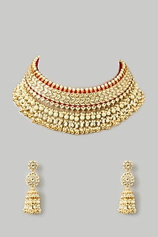 Gold Finish White Kundan Polki & Pearl Choker Necklace Set