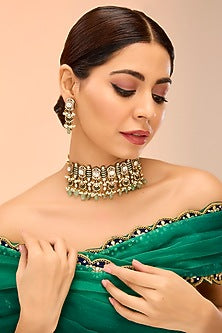 Gold Finish Kundan Polki & Green Onyx Drop Choker Necklace Set