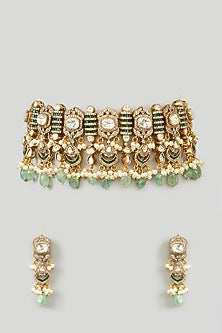 Gold Finish Kundan Polki & Green Onyx Drop Choker Necklace Set
