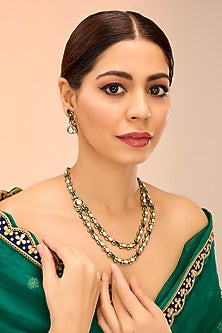 Gold Finish Kundan Polki & Green Ony Drop Long Layered Necklace Set