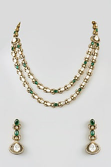 Gold Finish Kundan Polki & Green Ony Drop Long Layered Necklace Set